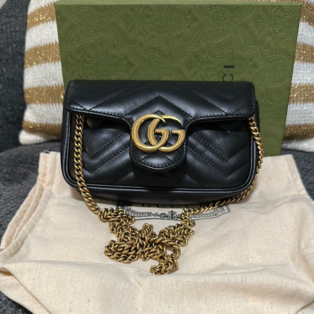 Gucci Black and Gold Crossbody Bag with Chevron Quilting